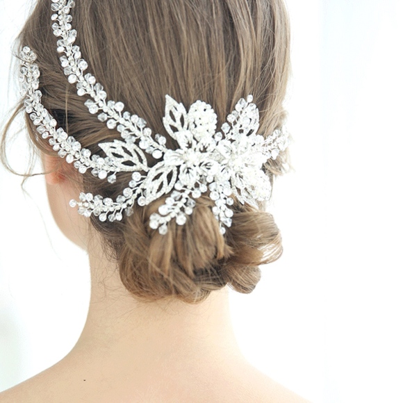 Bride Crystal Large Flower Leaf headpiece wedding main image 7